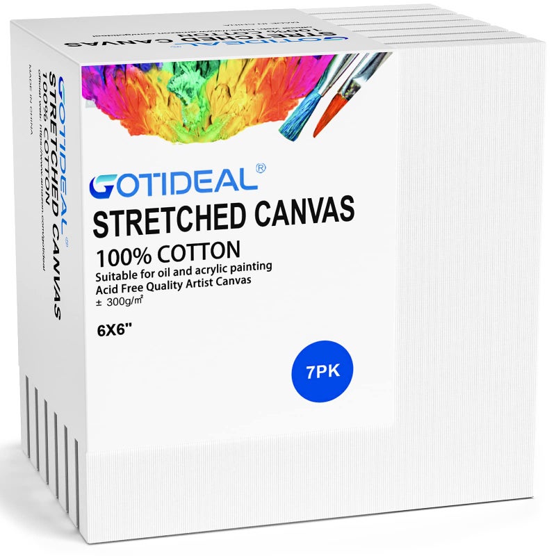 GOTIDEAL Stretched Canvases for Painting, 6x6"" Inch Set of 7, Primed White - 100% Cotton Blank Art Square Canvas Boards for Painting for Acrylic Pouring, Oil Paint Dry & Wet Art Media - Image 1